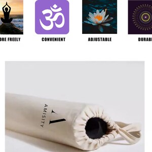 May include: A white yoga mat with a drawstring bag, rolled up and tied with a white cord. The bag has the word "AMISITY" printed on it in black.