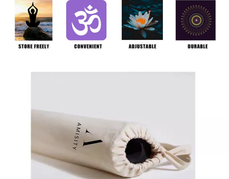 May include: A white yoga mat with a drawstring bag, rolled up and tied with a white cord. The bag has the word "AMISITY" printed on it in black.