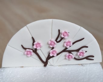 Japanese style Fan cake topper. Edible fan with Sakura tree and flowers.