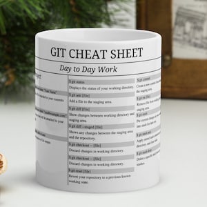 Könnte beinhalten: Eine weiße Keramiktasse mit einem schwarzen und grauen Design. Die Tasse zeigt den Text "GIT CHEAT SHEET" und eine Liste von Git-Befehlen mit Beschreibungen. Die Tasse ist ein tolles Geschenk für Entwickler.