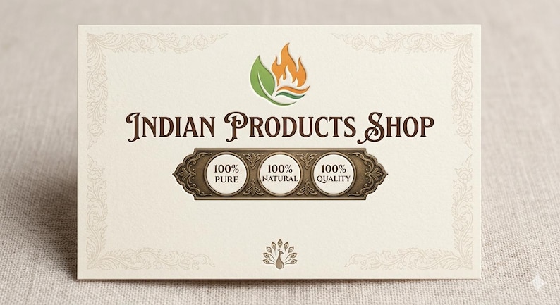May include: A rectangular off-white card featuring the text Indian Products Shop in dark brown font. Above the text is a green leaf and orange flame logo. Below, a decorative bronze plaque contains three circles labeled 100% Pure, 100% Natural, and 100% Quality. A small peacock icon is at the bottom.