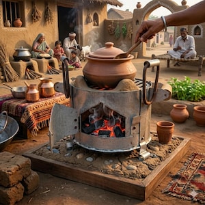 Puede incluir: Una escena de cocina tradicional al aire libre con una estufa de metal y una olla de barro. La estufa se alimenta con carbón vegetal en combustión, con llamas visibles. Hay otras ollas de barro y utensilios de cocina cerca.