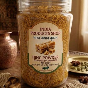 Può includere: Un barattolo di plastica trasparente riempito con polvere di hing gialla, nota anche come assafetida. L'etichetta riporta il testo INDIA PRODUCTS SHOP, HING POWDER e ASAFOETIDA POWDER, con un'illustrazione di pezzi di resina grezza.