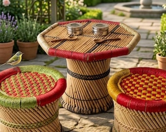 Handmade Eco-Friendly Bamboo Mudda Stool Set with Table | Traditional Indian Cane Garden Furniture | Outdoor & Indoor Sitting Set | 2 Chairs