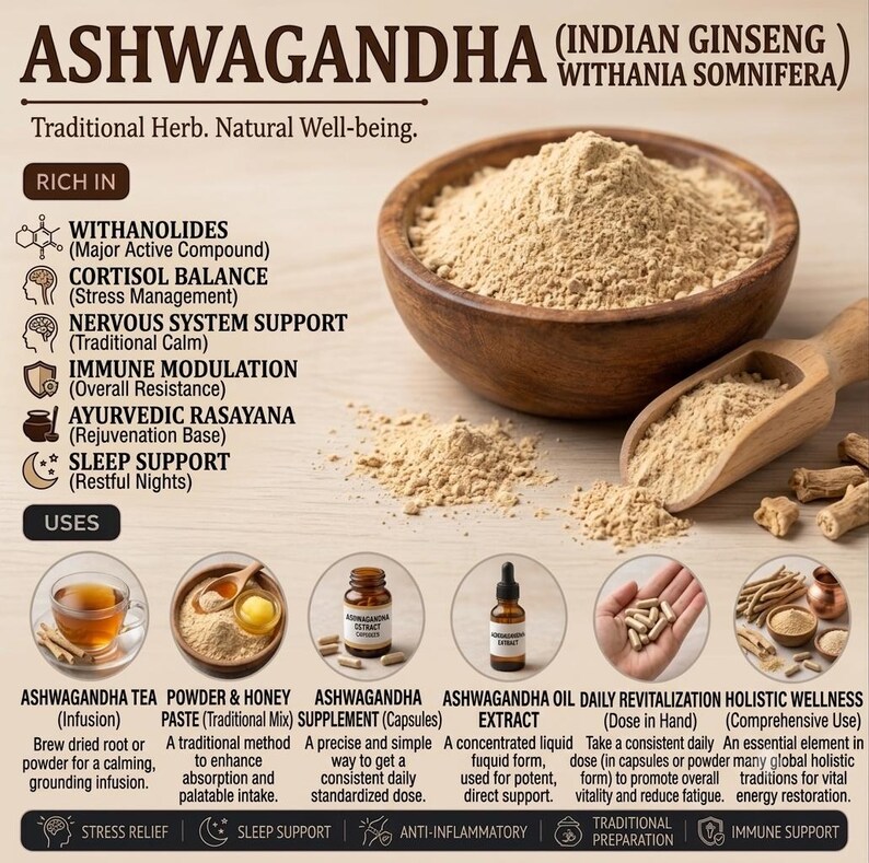 May include: A wooden bowl filled with light beige ashwagandha powder, accompanied by a wooden scoop and root pieces. The image includes text detailing benefits like cortisol balance and sleep support, plus uses such as tea, oil, and capsules.