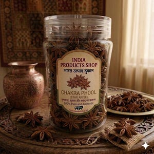 Puede incluir: Un frasco de plástico transparente lleno de anís estrellado seco. La etiqueta dice INDIA PRODUCTS SHOP, CHAKRA PHOOL (STAR ANISE), 100% Pure and Authentic. Hay más piezas de anís estrellado esparcidas por la superficie alrededor del frasco.