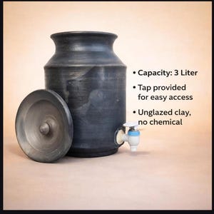Handmade Black Clay Water Pot with Tap - 10 Liter Natural Terracotta Matka for Cooling - Eco-Friendly Unglazed Mud Water Dispenser