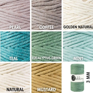 Puede incluir: Una colección de 10 colores diferentes de cordón de algodón de 3 mm, incluyendo Perla, Café, Natural Dorado, Teal, Verde Eucalipto, Menta, Natural, Mostaza, y una bobina de cordón Verde Eucalipto. Bobbiny 3 mm.