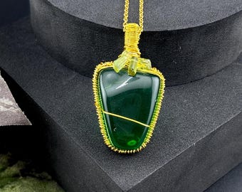 Green Andara & Watermelon Tourmaline Necklace | Thoth Crystal Pendant for Clarity, Alignment | Handmade Gold Wire Wrapped Jewelry H246