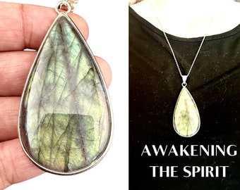 Labradorite Necklace Sterling Silver Double Flash Crystal Blessed by Sami Shaman for Intuition Transformation and Empath Protection #1304