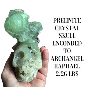 Puede incluir: Un cráneo de cristal de prehnita verde, que pesa 2,26 libras, se sostiene en una mano. El cráneo está tallado para parecerse a un cráneo humano y se dice que está codificado para el Arcángel Rafael.