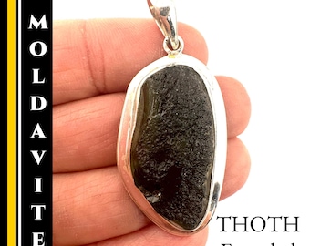 Moldavite Pendant Sterling Silver 8.1g Encoded to Thoth Egyptian God of Wisdom Portal Stone Rare Czech Crystal Jewelry for Men or Women #158