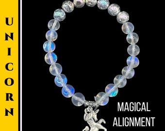 Unicorn Bracelet Rainbow Aura Beads Lava Stone Charm Bracelet for Spiritual Protection and Positive Energy #R