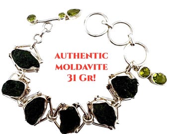 Moldavite Crystal Bracelet 31g Authentic Moldavite with Peridot Sterling Silver Bracelet. Natural Authentic Moldavite #649