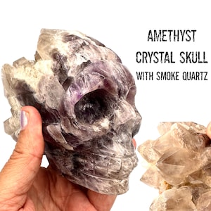 Amethyst Crystal Skull With Smoky Quartz Wands. LARGE Crystal Skull. Wicca Gothic Crystal skull Support Crystals Spiritual, Intuition #583