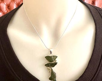 Moldavite And Peridot Necklace, GENUINE Raw Moldavite Sterling Silver Pendant, Starseed Activation Amulet With Certificate #1023