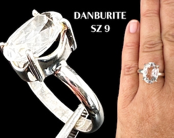 Danburite Crystal Ring, Silver Ring  Sz 9 Encoded To Angelic Realm Authentic Danburite Natural Gemstones Statement Ring, Gift For Her #1273
