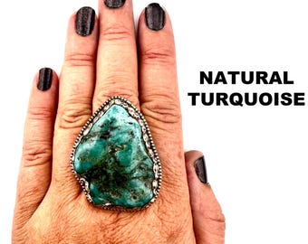 Turquoise Ring, Tibetan Silver Adjustable Statement Ring, Shaman Blessed for Ancestral Connection and Spiritual Protection #2211