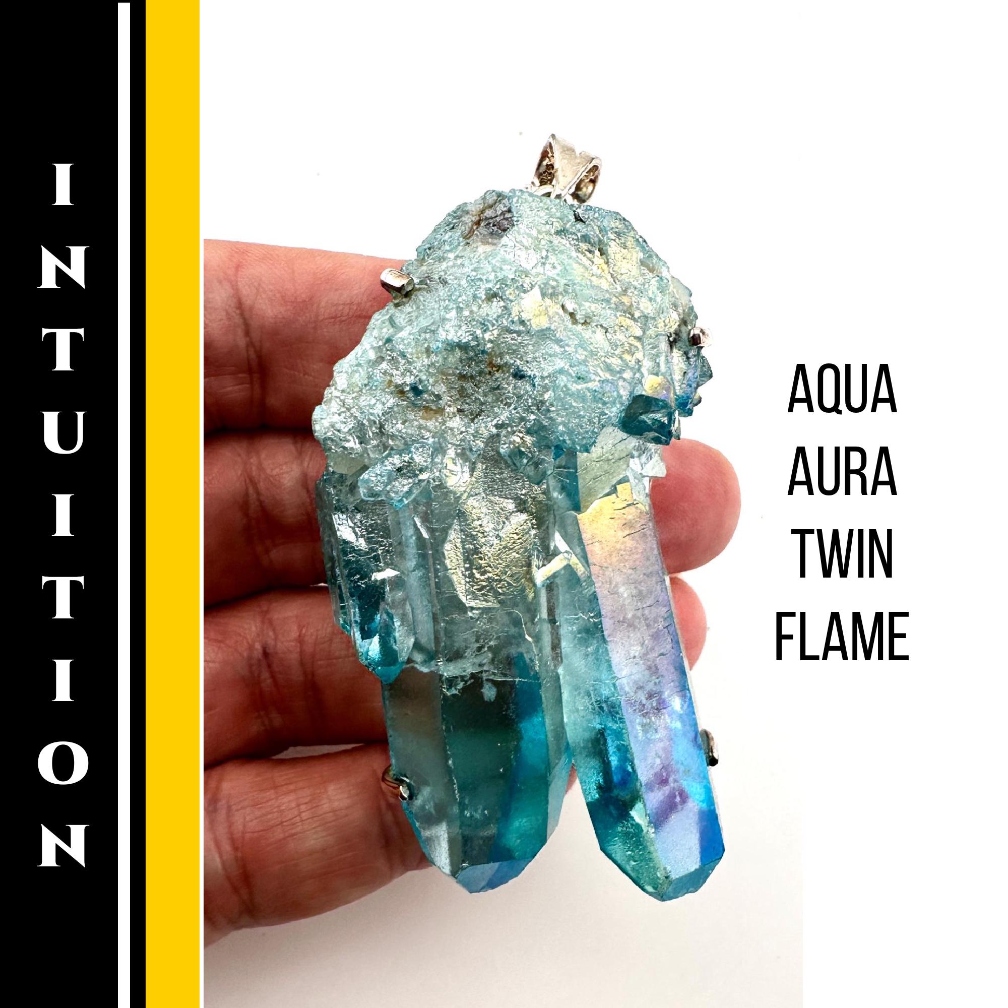 Aqua Aura Quartz Twin Flame Pendant Sterling Silver Necklace, Aura