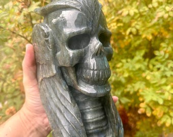 Labradorite Winged Skull 8.8 lb, Shaman Blessed Crystal Guardian, Ancestral Healing, Psychic Protection, Spiritual Altar Carving #399