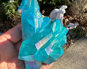 Aqua Aura Quartz Crystal Cluster - Lemurian Water Stone Bridge For Channelling, Throat Chakra, Spiritual Awakening 250 gr