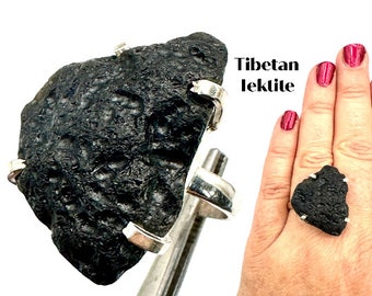 Tibetan Tektite Crystal Ring Meteorite Impact Like Moldavite Evil Eye Protection "TELEPATHY STONE" Raw,  Silver Ring, Mens Ring Sz 9 #2000