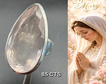 Rose Quartz Ring Sterling Silver Gem Grade Crystal Ring Mother Mary Jewelry Pink Gemstone Ring Size 9 Spiritual Gift #2259
