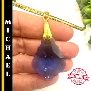 Andara Crystal Necklace Blue Pendant Encoded to Archangel Michael Gold Plated Spiritual Jewelry Blessed at Michael Vortex Authentic Andara R