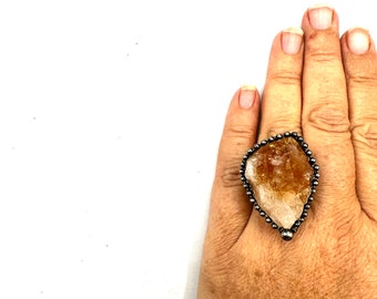 Citrine Crystal Ring, Adjustable. Handmade Jewelry. Statement Ring With Money Spell From White Witch, Gift For Her #1286