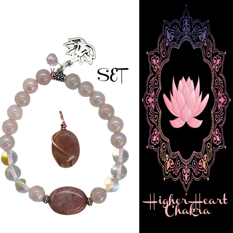 May include: A set of pink rose quartz jewelry featuring a bracelet with a silver lotus charm and a pendant with a rose quartz stone wrapped in copper wire. The text "SET" is visible in the image. The background features a pink lotus flower in a decorative frame with the text "Higher Heart Chakra".