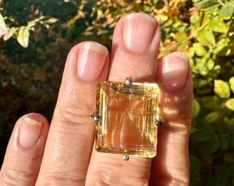 Large Citrine Ring in Sterling Silver, For Manifestation and Reclaiming Power, Emerald Cut 44 cts, Spiritual Gift for Her, Money Stone #16
