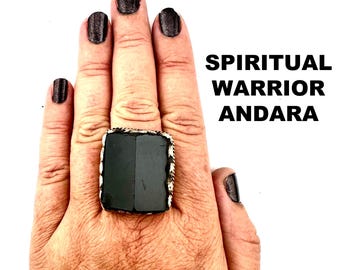 Black Andara Ring in Tibetan Silver, Spiritual Warrior Protection, Past Life Vow Breaking, Adjustable Ring for Men and Women  #2183