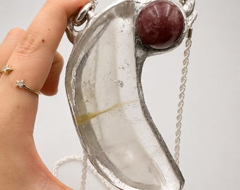 Clear Quartz Crystal Necklace, Crystal Moon Necklace Strawberry Quartz Crystal Ball. Lyran Quartz. Starseed Jewelry  Statement Piece H 278