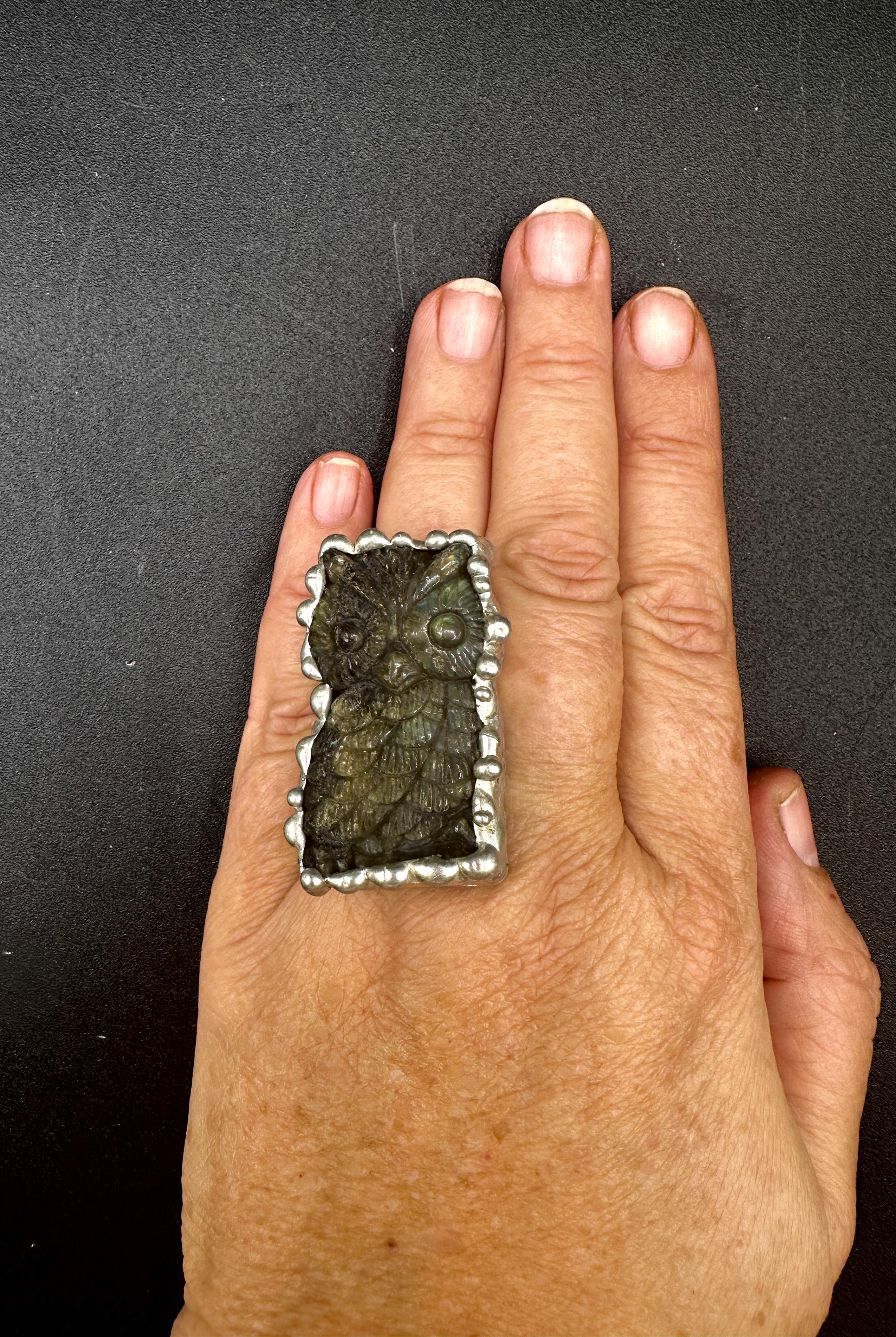 Labradorite Owl Ring Adjustable Stainless Steel Band One of a Kind Handmade by a Shaman Crystal Ring