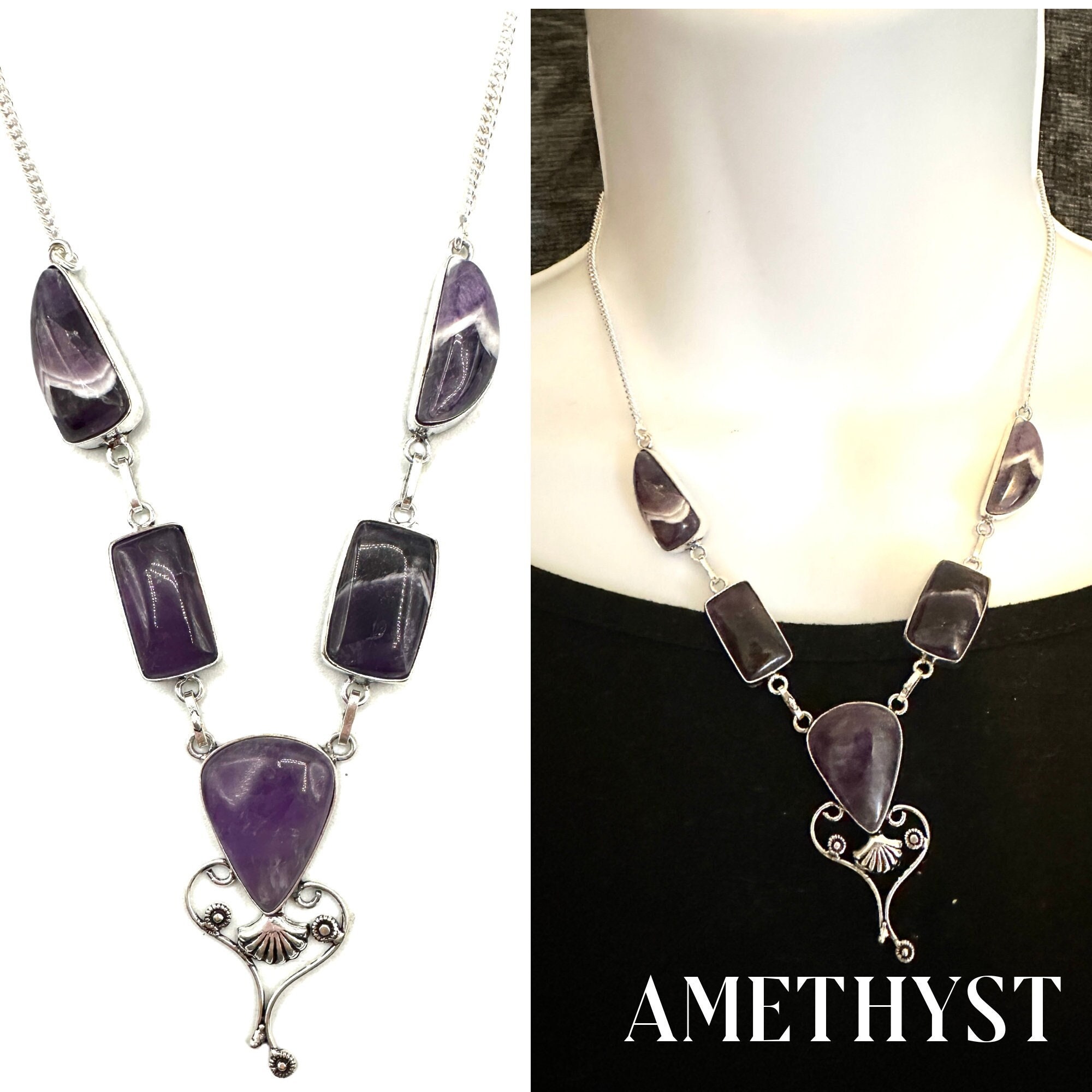 Amethyst Crystal Necklace Silver Necklace Encoded To St Germain/Violet Ray. Natural Gemstones,  Intuition, Reiki Support Gift for Her #639