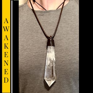 Clear Quartz Wand Pendant Necklace in Leather Awakening, Alignment Crystal for Spiritual Guidance Mission Completion Clarity and Protection