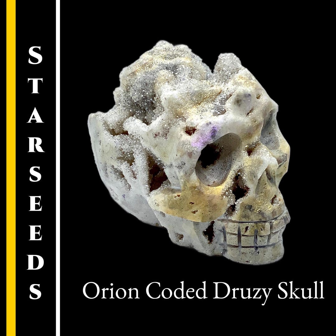 Druzy Crystal Skull for Starseeds Encoded to Orion, Spiritual Tool