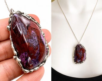 Sugilite Crystal Necklace, Large Statement Pendant, Archangel Michael Blessed, Psychic Protection Jewelry, Spiritual Gift for Strength #395