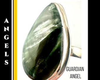 Seraphinite Sterling Silver Ring: Green Gemstone, Angelic Connection - Size 7