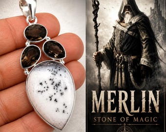 Merlinite Necklace Sterling Silver Merlin Crystal Necklace Smoky Quartz Protection Pendant Witch Jewelry  #61