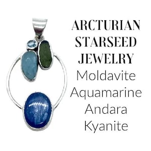 Moldavite Necklace with Blue Kyanite and Arcturian Andara Crystal Pendant Starseed Jewelry for Spiritual Activation and Ascension Tool #2084
