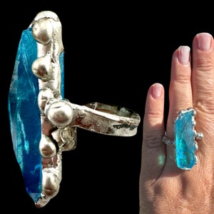 Lemurian Aqua Aura Ring Adjustable Silver Crystal Jewelry for Energy Healing, Chakra Activation, Intuition Boost, Gift for Her #2313
