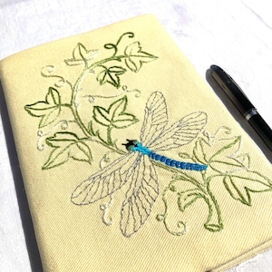 Dragonfly notebook, hand embroidered journal, reusable cloth cover, nature lover’s gift, A5 planning journal, gift for best friend