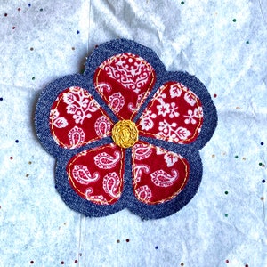 Floral hand embroidered patch, flower sew-on patch,  visible mending, recycled denim