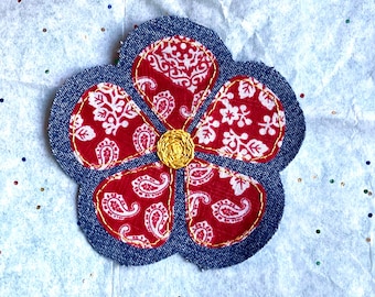 Floral hand embroidered patch, flower sew-on patch,  visible mending, recycled denim