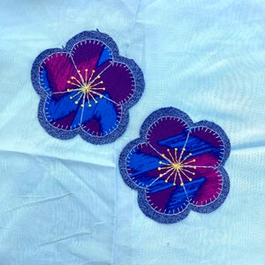 Floral hand embroidered patch, flower sew-on patch,  visible mending, recycled denim