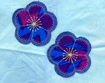 Floral hand embroidered patch, flower sew-on patch,  visible mending, recycled denim