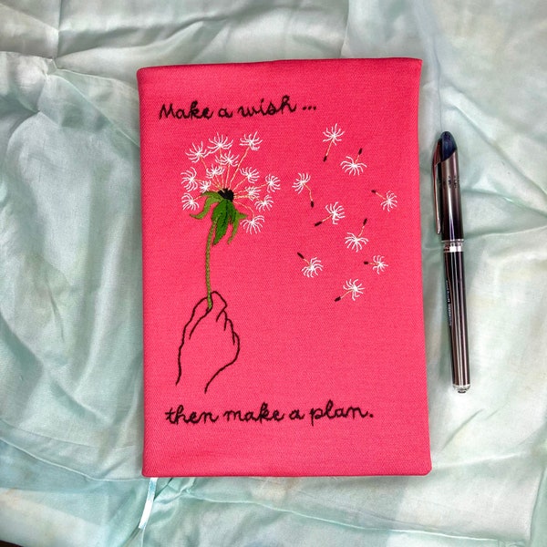 Dandelion wishes design hand embroidered notebook, reusable embroidered journal cover, birthday gift for daughter, A5 planning journal
