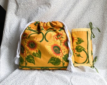 Drawstring craft bag with portfolio project keeper, sunflower project bag with sewing notions organizer, gift for crafter, WIP storage