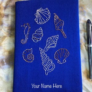 Seashell design personalized notebook, hand embroidered journal, reusable book cover, gift for beach lover, A5 planning journal